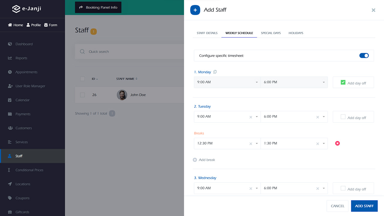 staff configure schedule