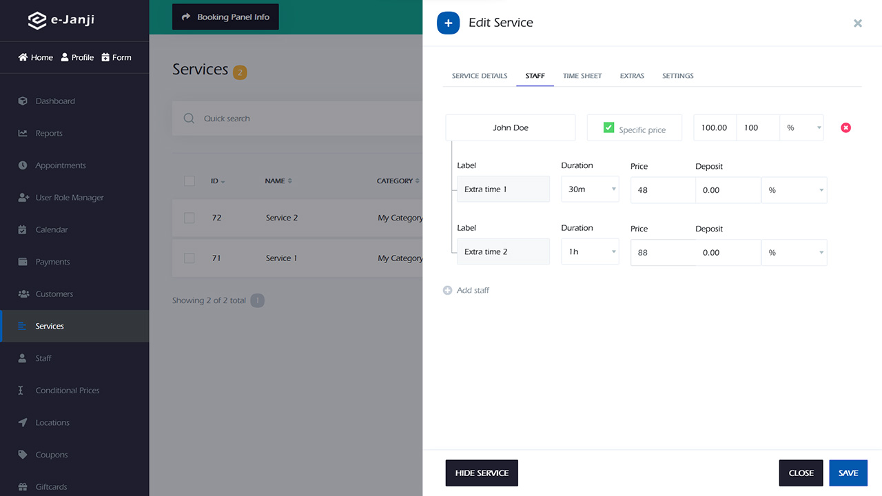 service custom duration by staff