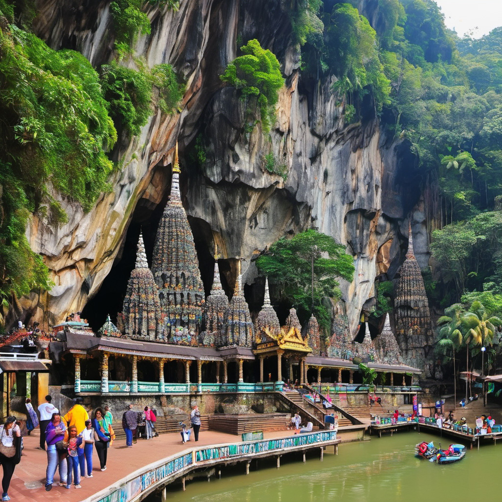 Colorful temple near lush, green cliffs and water.
